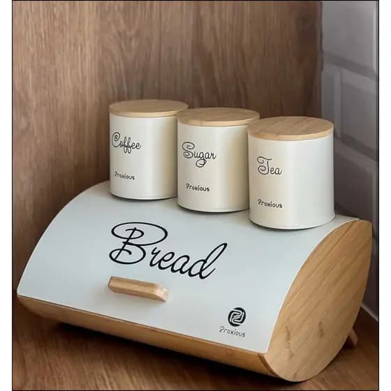 Jogo 4 Latas Porta Mantimentos Inox e Bambu Off White Hermético Luxo Porta Pão Café Açúcar Chá