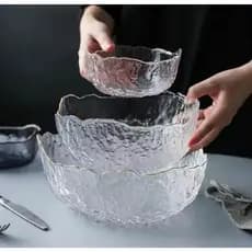 Jogo 3 Potes Bowls De Vidro Canelado Borda Fio de Ouro Gold Sobremesa Petiscos Saladeira Mesa Posta