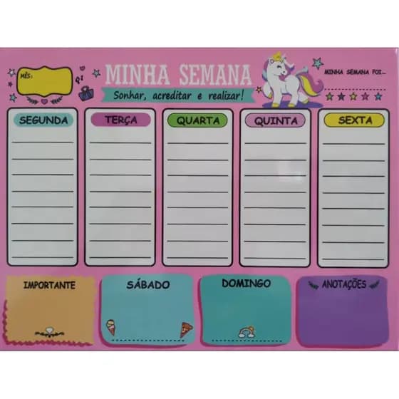 Planner Semanal Infantil Magnético Unicornio - Organização e Diversão 40 X 60. Acompanha caneta com apagador