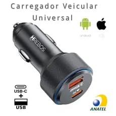 Carregador Veicular Turbo Para Celular Tipo-C + USB Carregamento rápido / Universal 60w