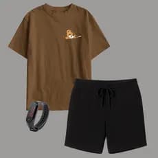Kit Camiseta Infantil Algodão e Short Moletinho Masculino + Brinde Relógio Digital