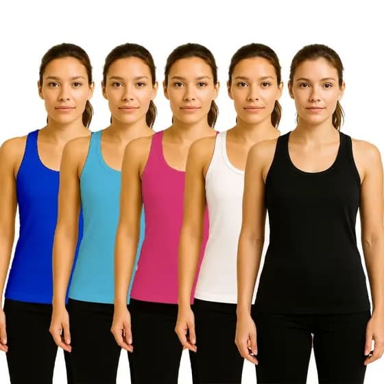 KIT 5 Camiseta Feminina Regata Nadador 100% Poliéster Leve Confortável Verão