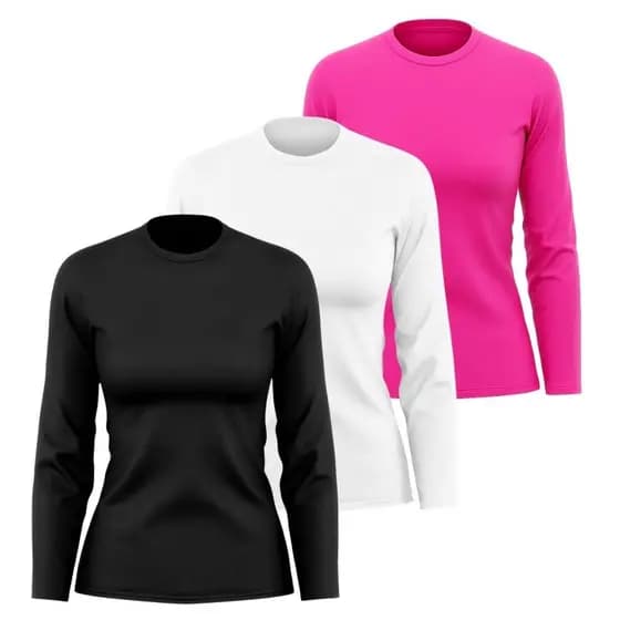 KIT 3 Camiseta Feminina Manga Comprida 100% Poliéster Leve Confortável Esportiva