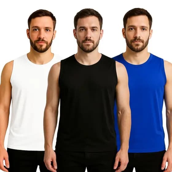 KIT 3 Camiseta Regata Masculina 100% Poliéster Leve Confortável Academia Esporte Regata Masculina