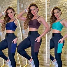 Conjunto Calça Leg de bolso + Top de Alça Zero Transparencia Fitness Legging Montaria Cos Alto