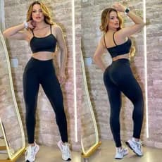 Conjunto Liso Calça + Top de alça com forro Zero Transparência Cós Alto Poliamida