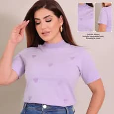 T-shirt Feminina Luxo Com Bordado Coração Malha Algodão  Penteado ALTO PADRÃO