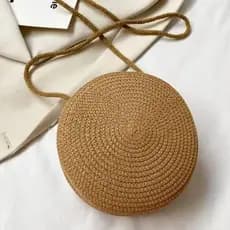 Bolsa Palha Redonda Feminina Crossbody Praia Verão Férias Minimalista Alça De Ombro Transversal Artesanal Média Zíper