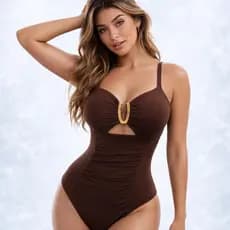 Body Maiô Feminino com Decote V Dourado e Bojo Modelador Elegante Verão