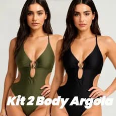 Kit 2 Maiô Body Com Bojo e Recortes Laterais Detalhe em Argolas Moda Verão Elegante