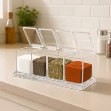 Porta Condimentos Em Acrílico Luxo Com 4 Potes – Organizador De Temperos Para Cozinha