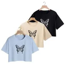 Kit 3 Cropped Feminino Camiseta Estampada Borboleta em Algodão Novidade Manga Curta
