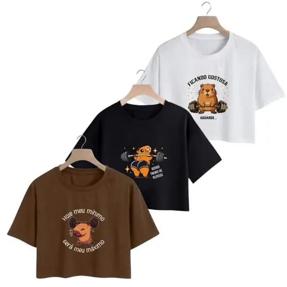 Kit 3 Cropped Blusinha Academia Feminino Estampado 100% Algodão Manga Curta