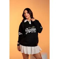 Blusa Feminina Moletinho Brooklyn New York Manga Longa Gola Polo Casual Moda Outono/Inverno