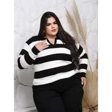Blusa Feminina Plus Size Tricô Modal Gola V Polo Listrada
