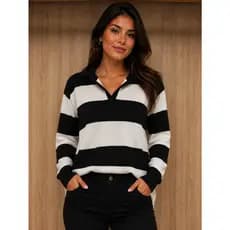 Blusa Feminina em Tricô Modal Gola Polo Listrada