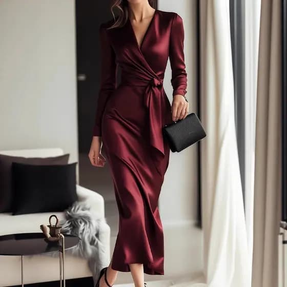 Vestido Longo Feminino Decote V Cintura Alta Manga Longa - Tecido Cetim Ajustado Elegante - Burgundy e Preto