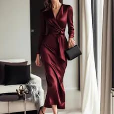Vestido Longo Feminino Decote V Cintura Alta Manga Longa - Tecido Cetim Ajustado Elegante - Burgundy e Preto