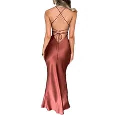 Vestido Longo Feminino Verão Sem Costas Cinta Espaguete Decote V Cintura Amarração Tecido Cetim Confortável Festa