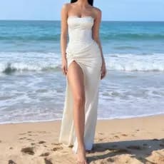 Festa De Verão Novo Vestido Longo Feminino Fenda Lateral Cetim Ajustável Férias