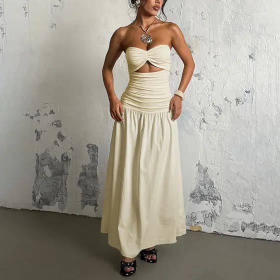 Verão Novo Estilo Festa Praia Sem Alças Oco Vestido Para Feminino Longo Elegante Midi