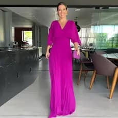 Vestido Longo Feminino Manga Morcego V Decote Cintura Alta Cores 2025 Plus Size