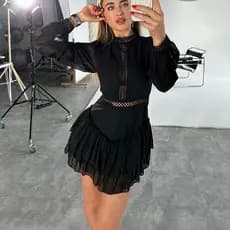 Vestido de Chiffon oco feminino gola manga comprida outono elegante saia Commuter Casual