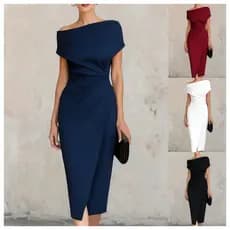 Vestido feminino plissado de cintura estreita de um ombro Casual Commuter Split vestido elegante festa Plus Size