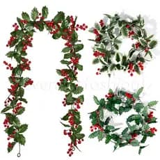 2 Metros de Folhas de Azevinho Artificiais com Bagas Vermelhas, Vinha de Natal, Rattan, Guirlanda DIY, Decorações de Árv