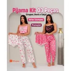 Kit Pijama 3 Peças Versátil: Cropped + Short + Calça. Conforto para Calor ou Frio!