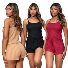 Conjunto Pijama Feminino Canelado (Regata Alcinha + Short) | Preto/Bege/Marsala