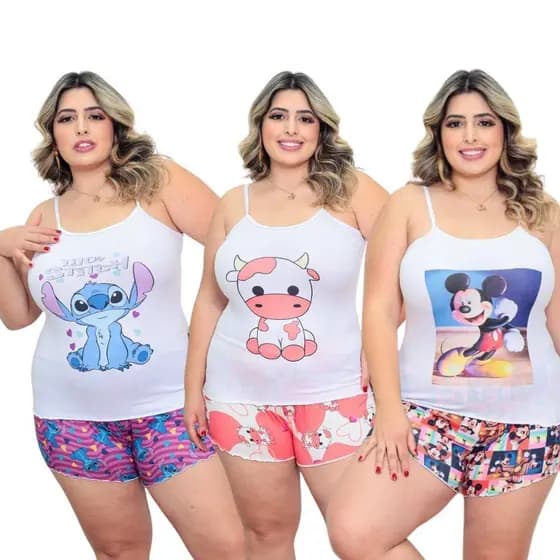 KIT 03 PIJAMA ALCINHA PLUS SIZE / BABY DOLL BLUSINHA PLUS SIZE