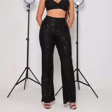 Calça Pantalona Paetê Toda Forrada Festa Elegante Brilho Estilosa