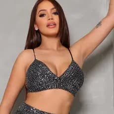 Top Cropped Feminino Sutiã Paetê Brilho Noite Festa Balada Gringa Eventos Amarração Com Bojo