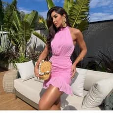 Vestido Babados Gola Chocker Frente Única Festa Verão Elegante Drapeado Natal Ano Novo