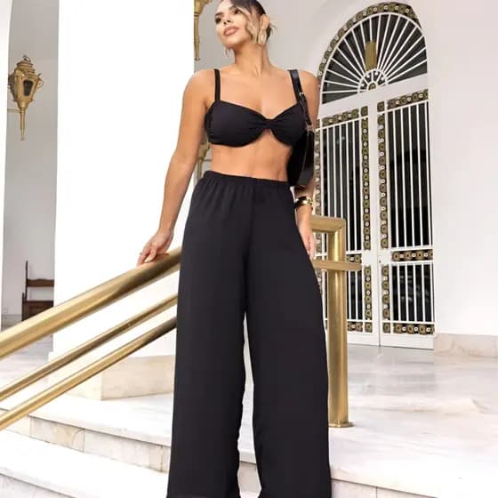 Conjunto Feminino 2 Peças Top e Calça Flare tecido Duna Leve Confortável Primavera/Verão