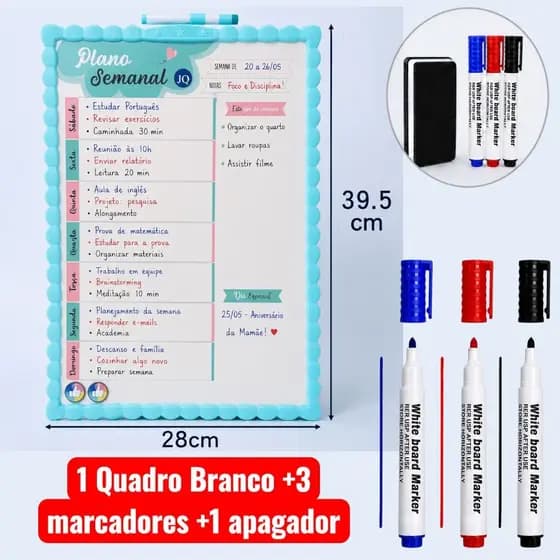 Lousa Branca Decorativa Reutilizável com 3 Canetas e Apagador