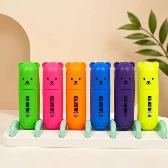 Kit 6 Marca Texto Neon Urso Kawaii Colorido Caneta Marca Texto Escolar Escritório