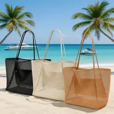 Bolsa de praia de malha dobrável de grande capacidade, bolsa de ombro de tecido à prova de areia