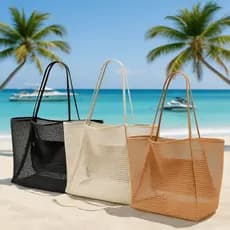 Bolsa de praia de malha leve e dobrável com bolso com zíper para mulheres, férias, praia, piscina