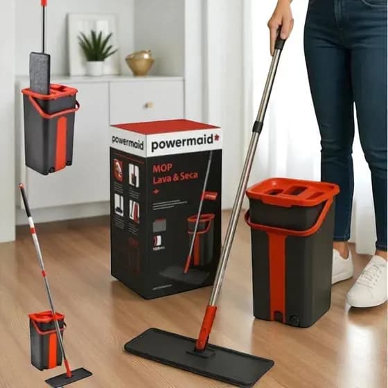 Rodo Mop Flat Lava e Seca 5 Litros 2 Compartimentos Powermaid Com 1 Refil Microfibra Base Flexível