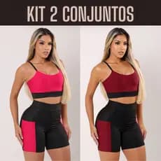 Kit 2 Conjunto Fitness Feminino Short e Top Com Bolso - Conjunto Academia Sem Transparência
