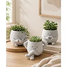 Coleção Kit 3 Vasos Decorativos Divertidos Fofo Carinha Feliz Vasos com Rostinho | Impressão 3D Trio Suculentas e Planta