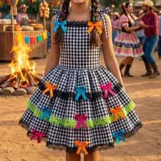 Vestido Luxo Arraia xadrez Preto com laço colorido vestido junino menina infantil junino caipira