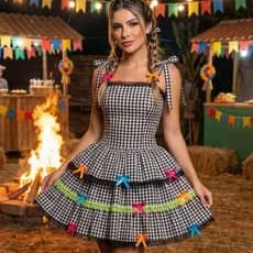 Vestido Junino Luxo Adulto Arraia xadrez Preto