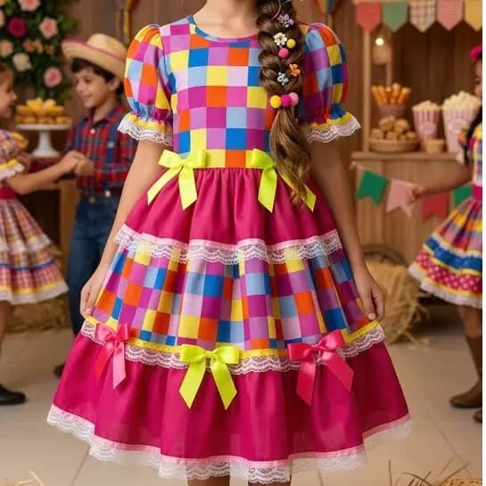 Vestido junino infantil luxo rosa colorido laço