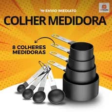 Conjunto Jogo Colher Medidora Xícara Culinário 8 Peças Kit Medidor de Cozinha Receitas - Preta Inox