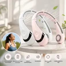 Ventilador de Pescoço Portátil USB Recarregável Dobrável Flexível Silencioso Vento Forte Rosa e Branco