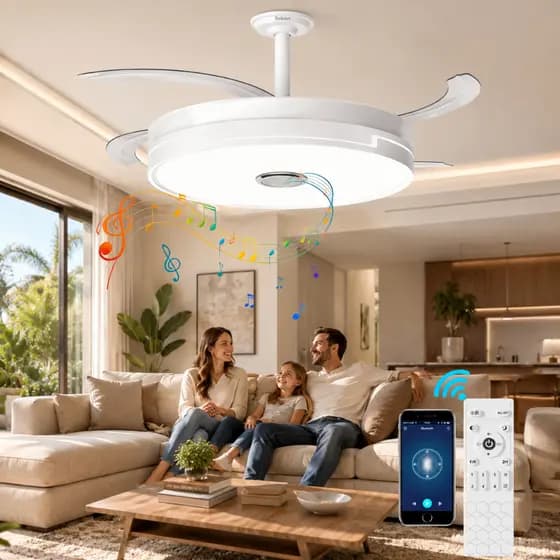 Ventilador de Teto com Música e Luz LED Controle Remoto Pás Retráteis Silencioso Bivolt branco 108CM