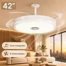 Ventilador de Teto LED 42 Pol Retrátil Com Controle Remoto Música 4 Pás 6 Velocidades Silencioso Bivolt